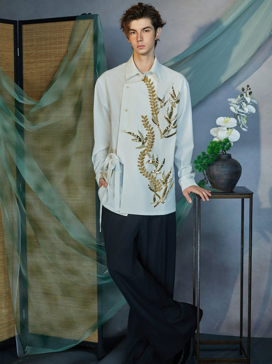 JIECHI white irregular loose long-sleeved embroidered shirt- DAMIEN.