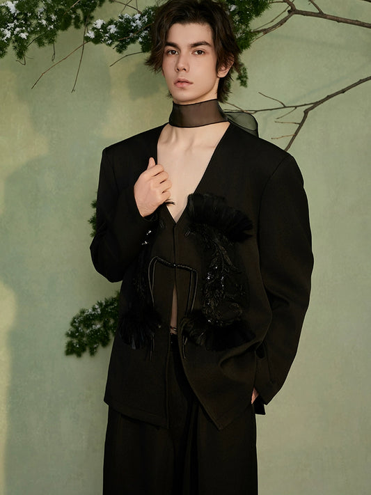 JIECHI  appliqué loose collarless buckle coat - GAVIN.
