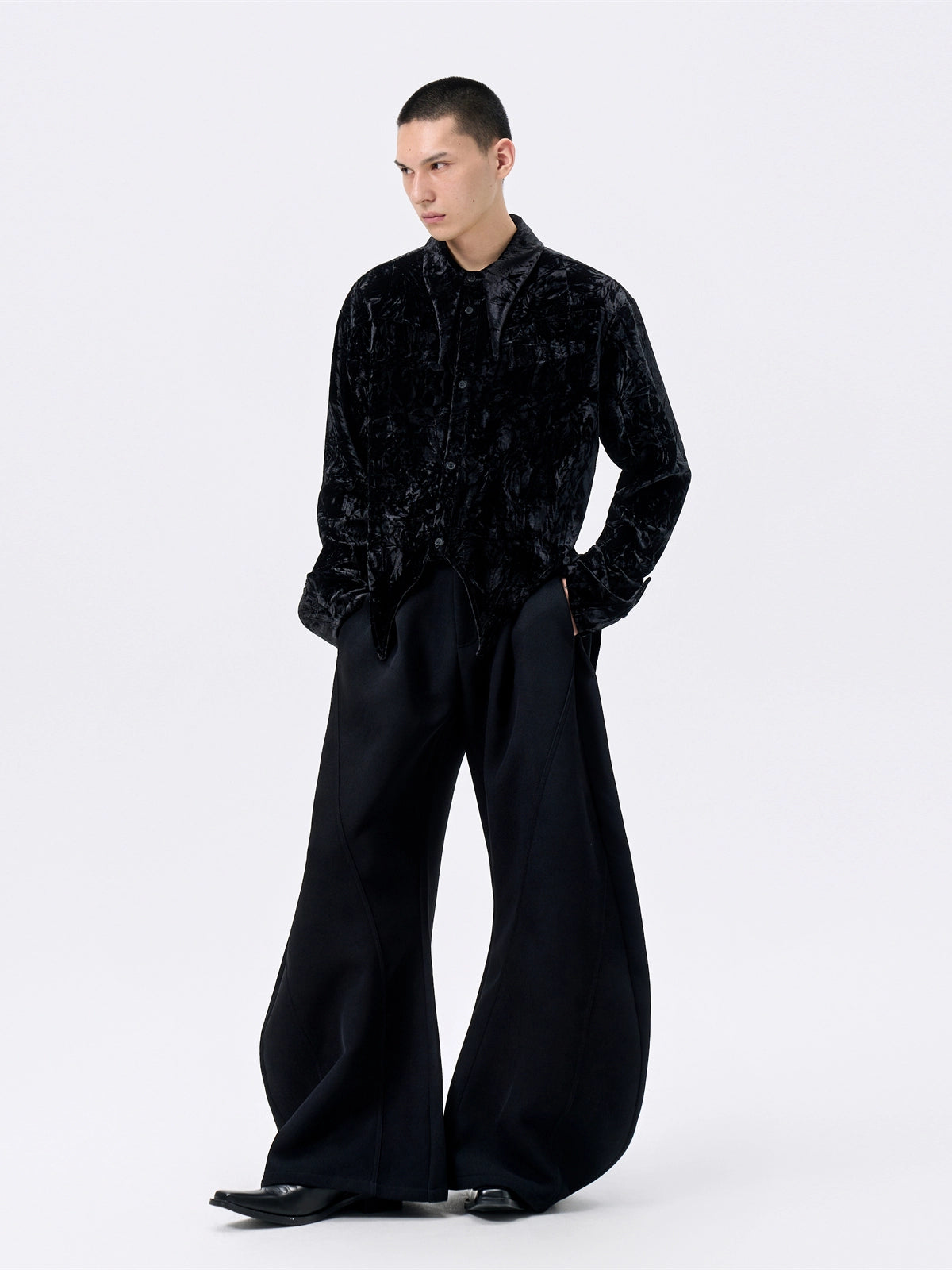 FRKM SCD Corrugated Glossy Velor Dovetail Hem Cropped Shirt Jacket -FEIST.