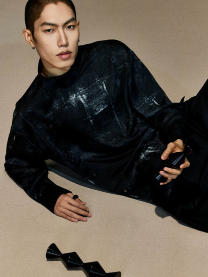 OWNLIFE ink stand-up collar cross-placket natural obsidian shirt - RICHY.