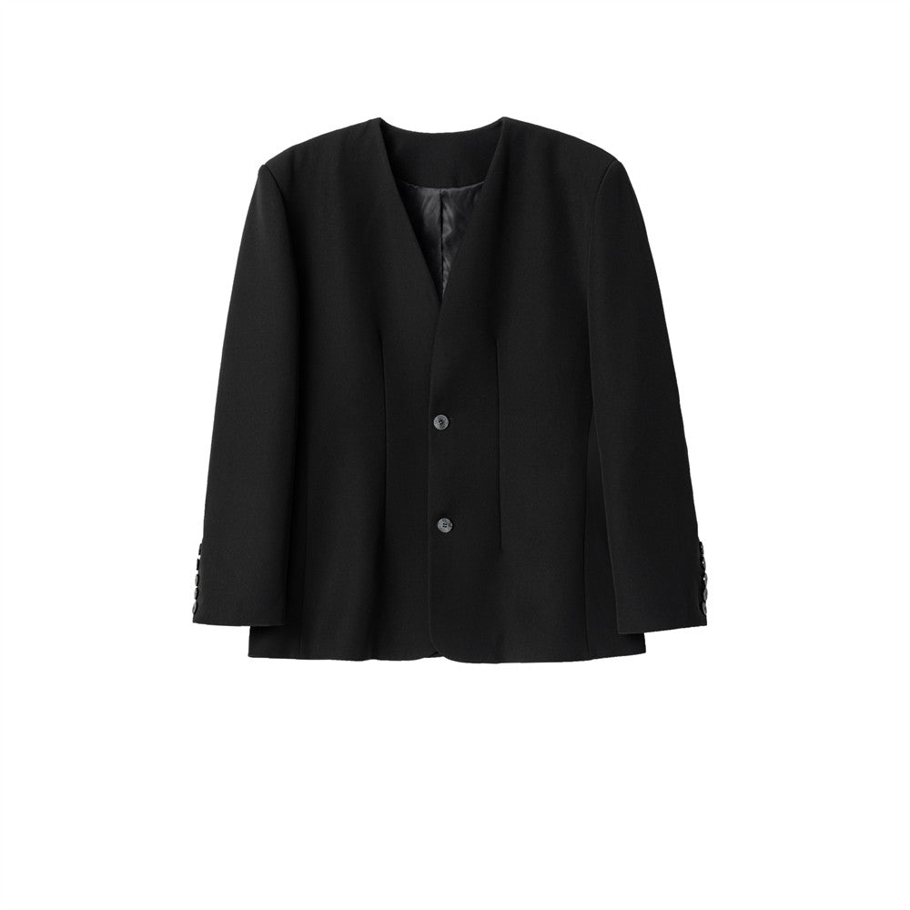 FRKM SC SS Casual Padded Shoulders Collarless Loose Double Button Suit - UNIQUE.