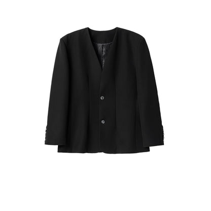 FRKM SC SS Casual Padded Shoulders Collarless Loose Double Button Suit - UNIQUE.