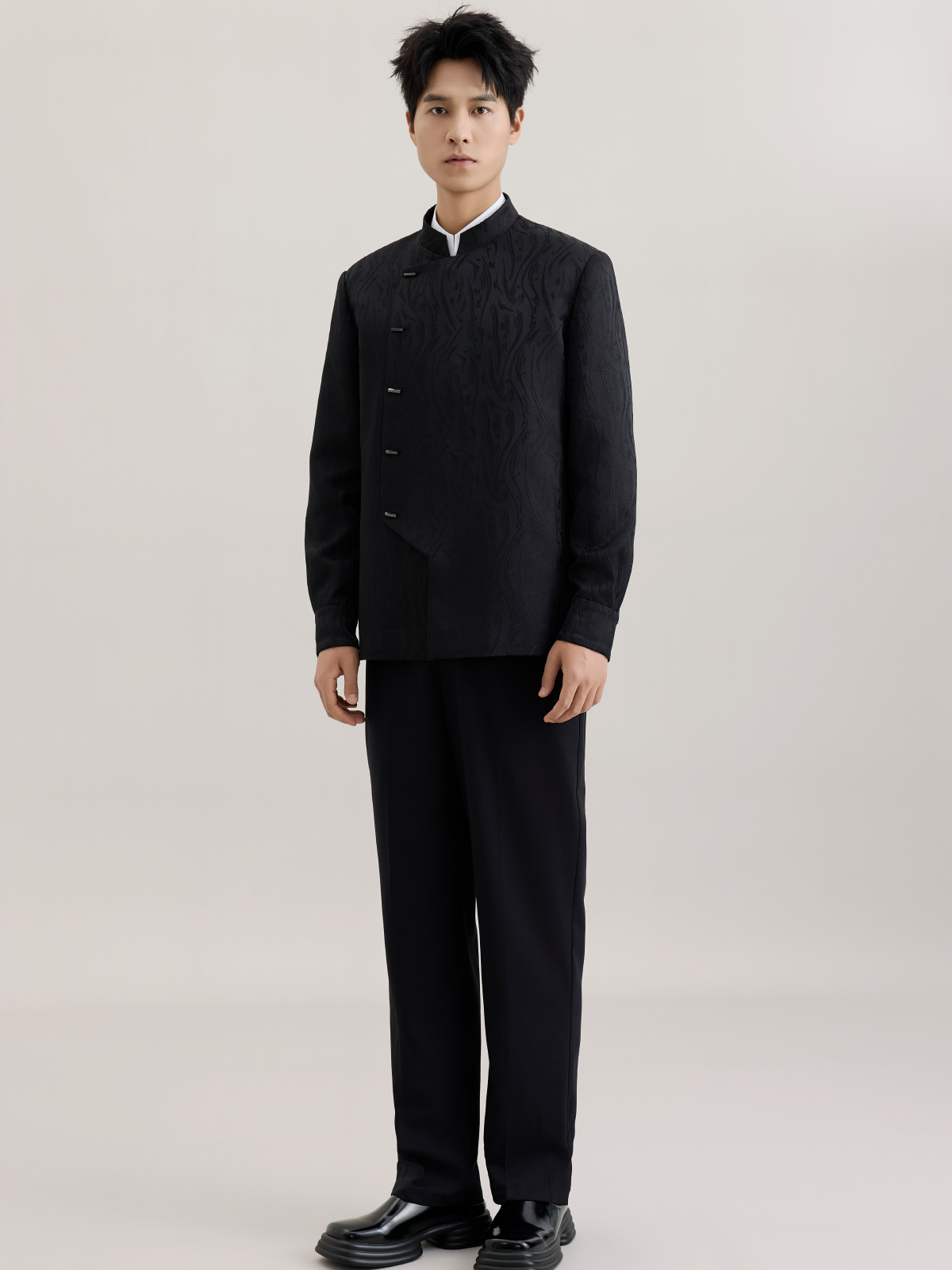 OWNLIFE stand-up collar willow leaf jacquard jacket suit set - DIDI.