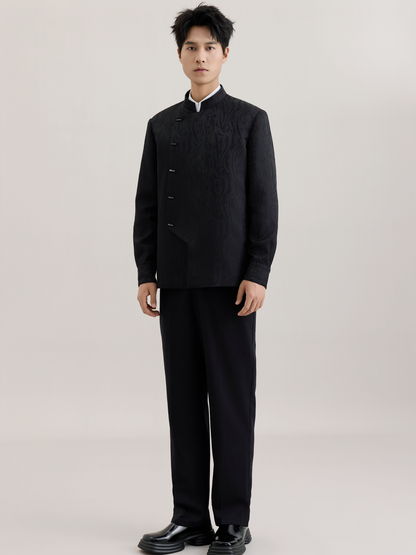 OWNLIFE stand-up collar willow leaf jacquard jacket suit set - DIDI.