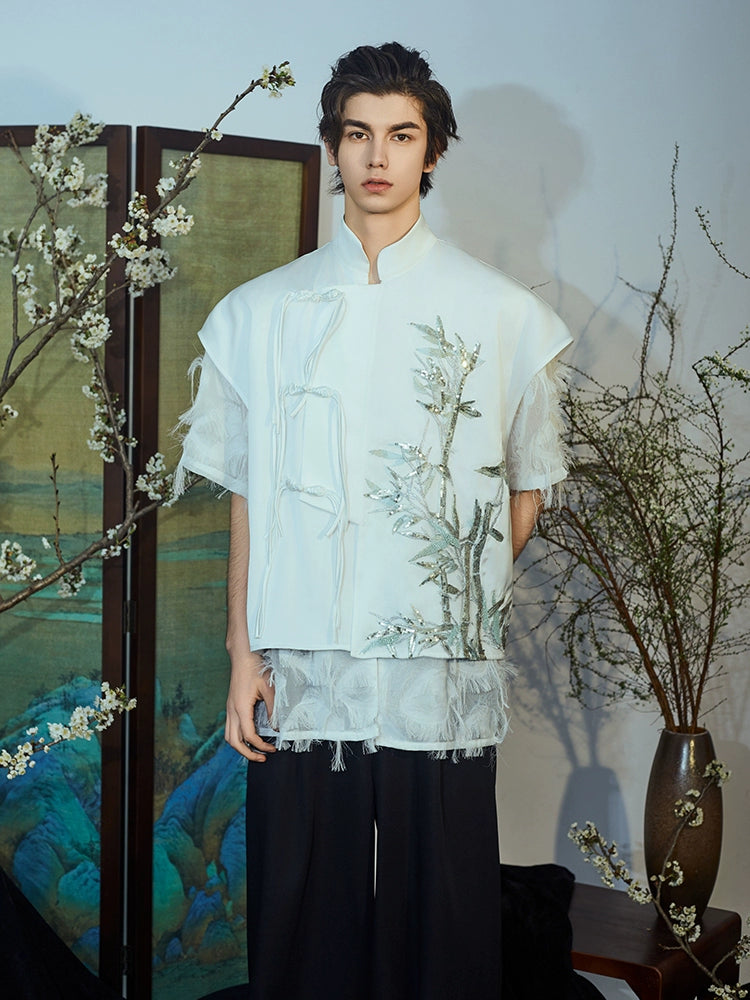 JIECHI  short-sleeved men's orchid embroidery stand-up collar top - JAYLOR.