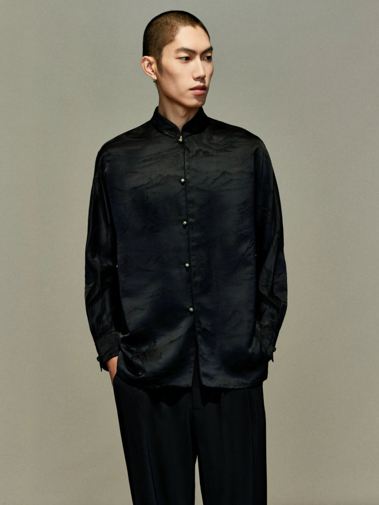 OWNLIFE jacquard stand-up collar placket natural jade buckle shirt - DAVID.