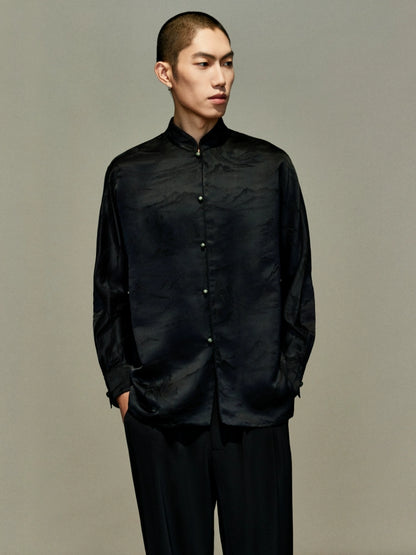 OWNLIFE jacquard stand-up collar placket natural jade buckle shirt - DAVID.