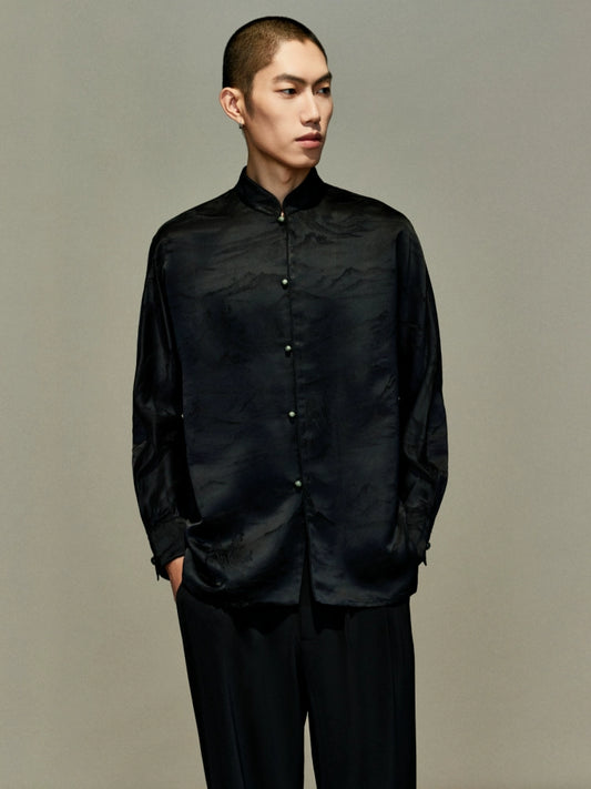 OWNLIFE jacquard stand-up collar placket natural jade buckle shirt - DAVID.