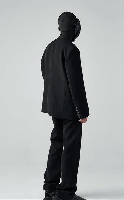 FRKM SC SS Casual Padded Shoulders Collarless Loose Double Button Suit - UNIQUE.