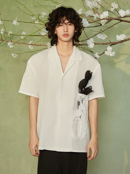 JIECHI  casual cotton linen white loose short-sleeved unisex shirt  - EDEN.