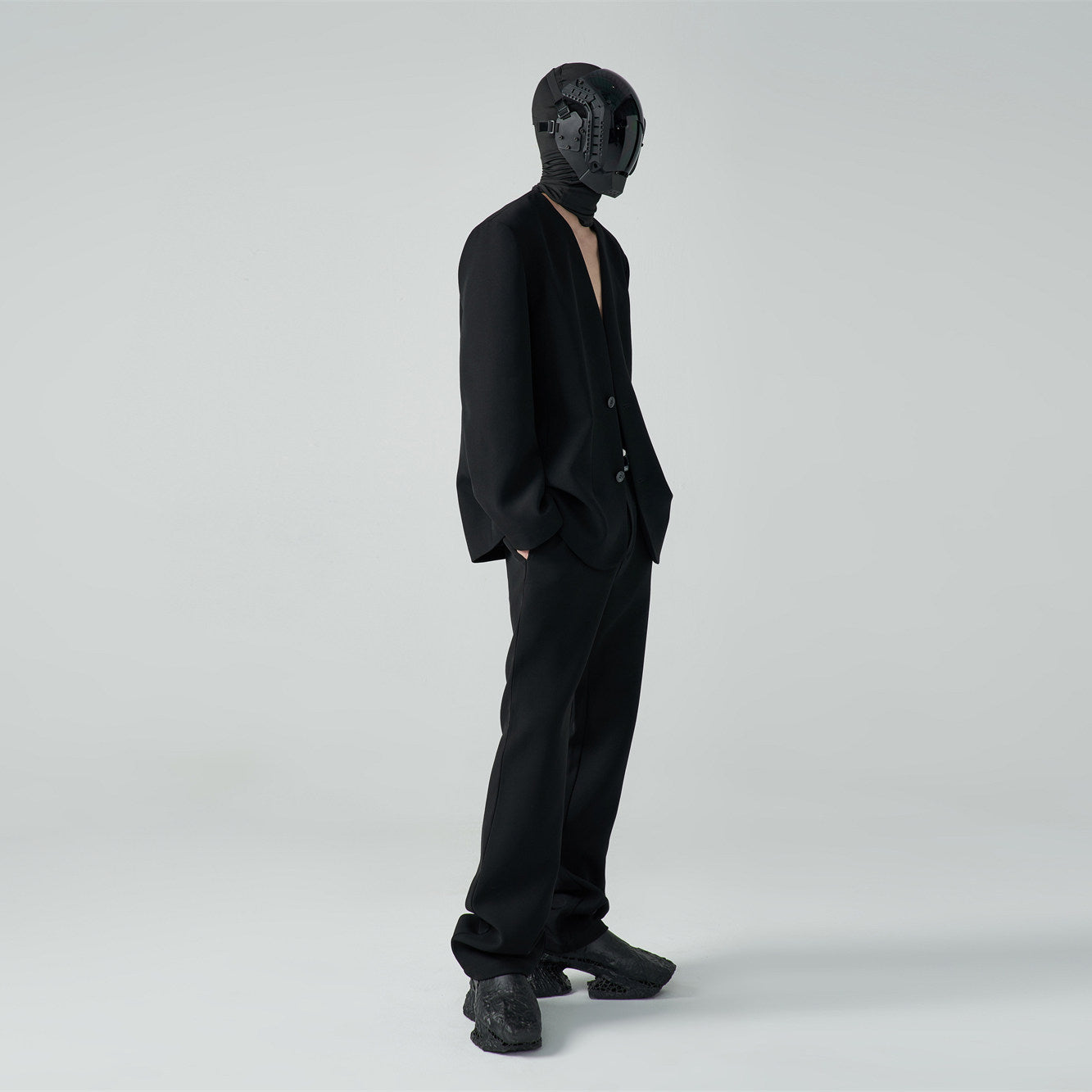 FRKM SC SS Casual Padded Shoulders Collarless Loose Double Button Suit - UNIQUE.