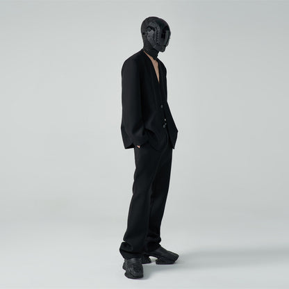 FRKM SC SS Casual Padded Shoulders Collarless Loose Double Button Suit - UNIQUE.