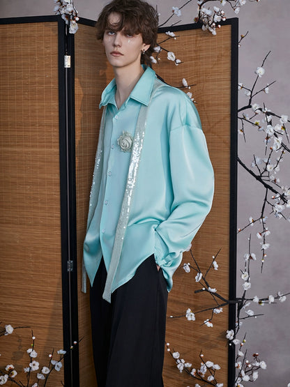 JIECHI  blue high-end loose long-sleeved satin unisex shirt - KELAN.
