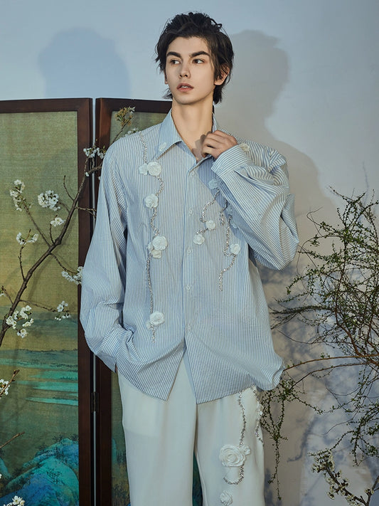 JIECHI loose striped men's long sleeve appliqué shirt - NIRVANA.
