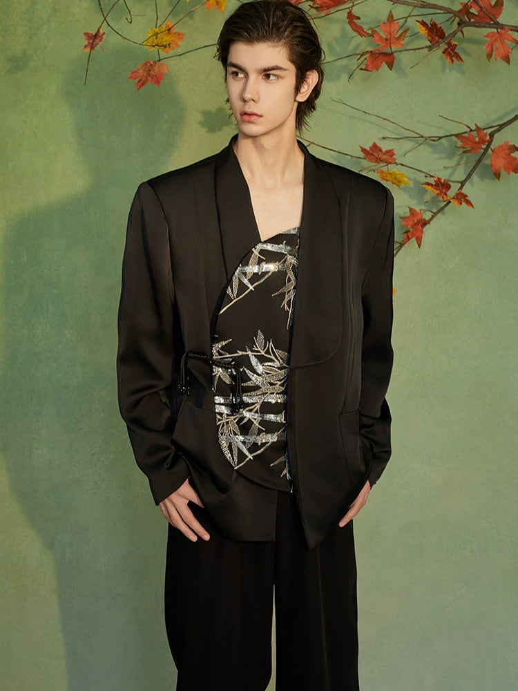 JIECHI embroidered irregular bias cut black blazer - PROSPER.