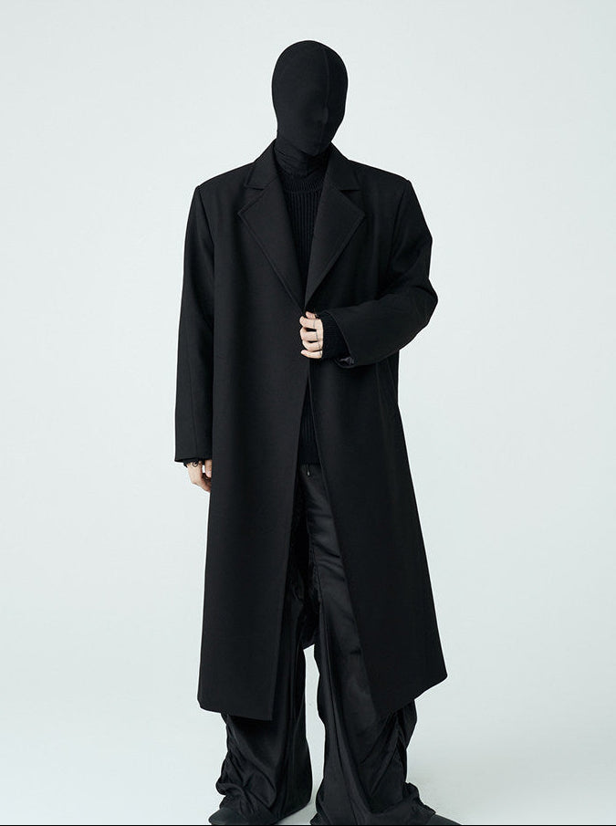 FRKM SCD SS Wool Unbuttoned Loose Shoulder Padded Midi Patchwork Black Coat - LEVI.