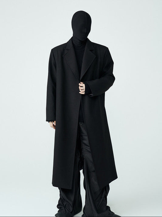 FRKM SCD SS Wool Unbuttoned Loose Shoulder Padded Midi Patchwork Black Coat - LEVI.