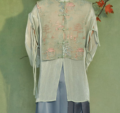 JIECHI  loose emerald green embroidered long-sleeved shirt - UMBER.