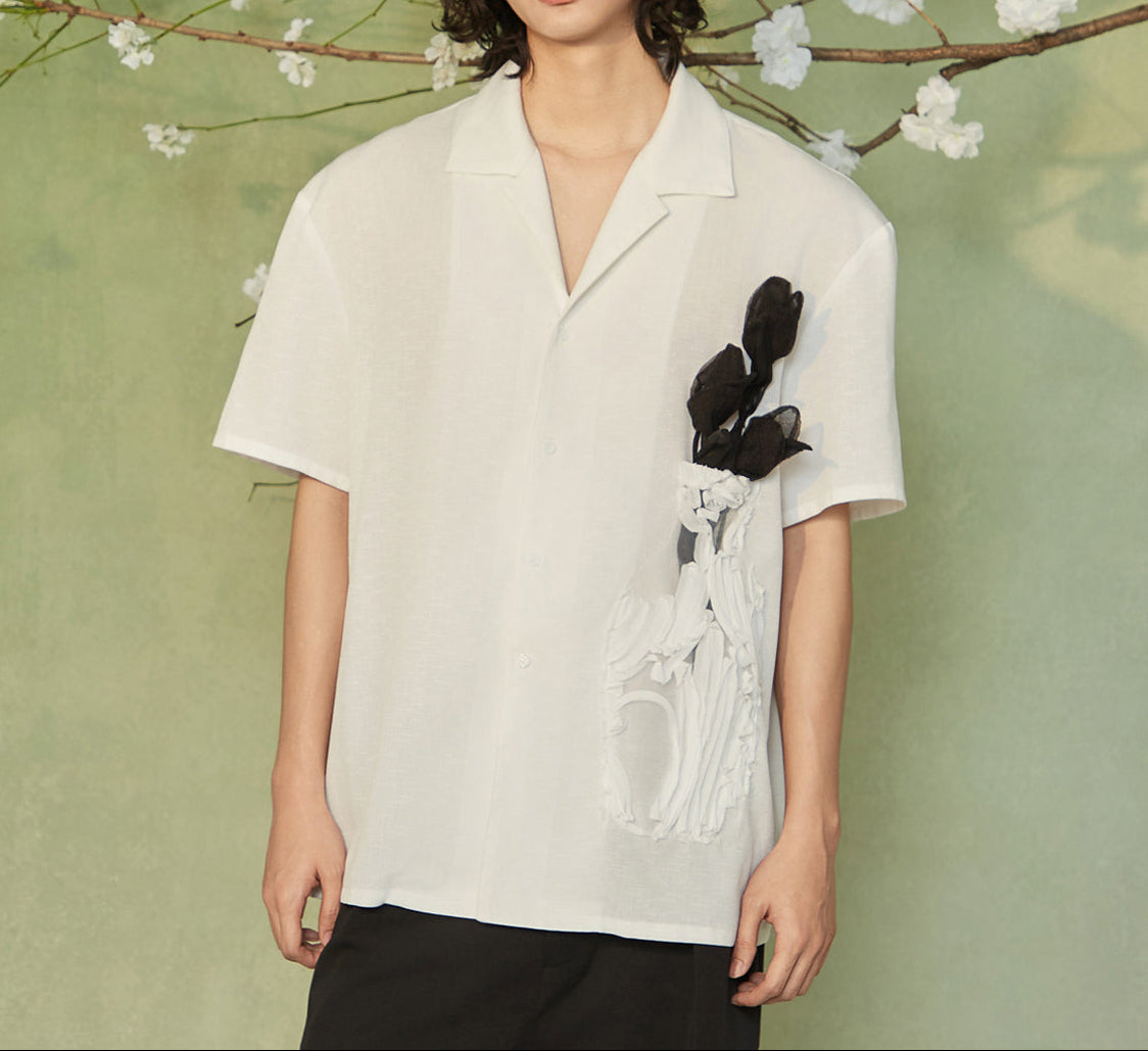 JIECHI  casual cotton linen white loose short-sleeved unisex shirt  - EDEN.