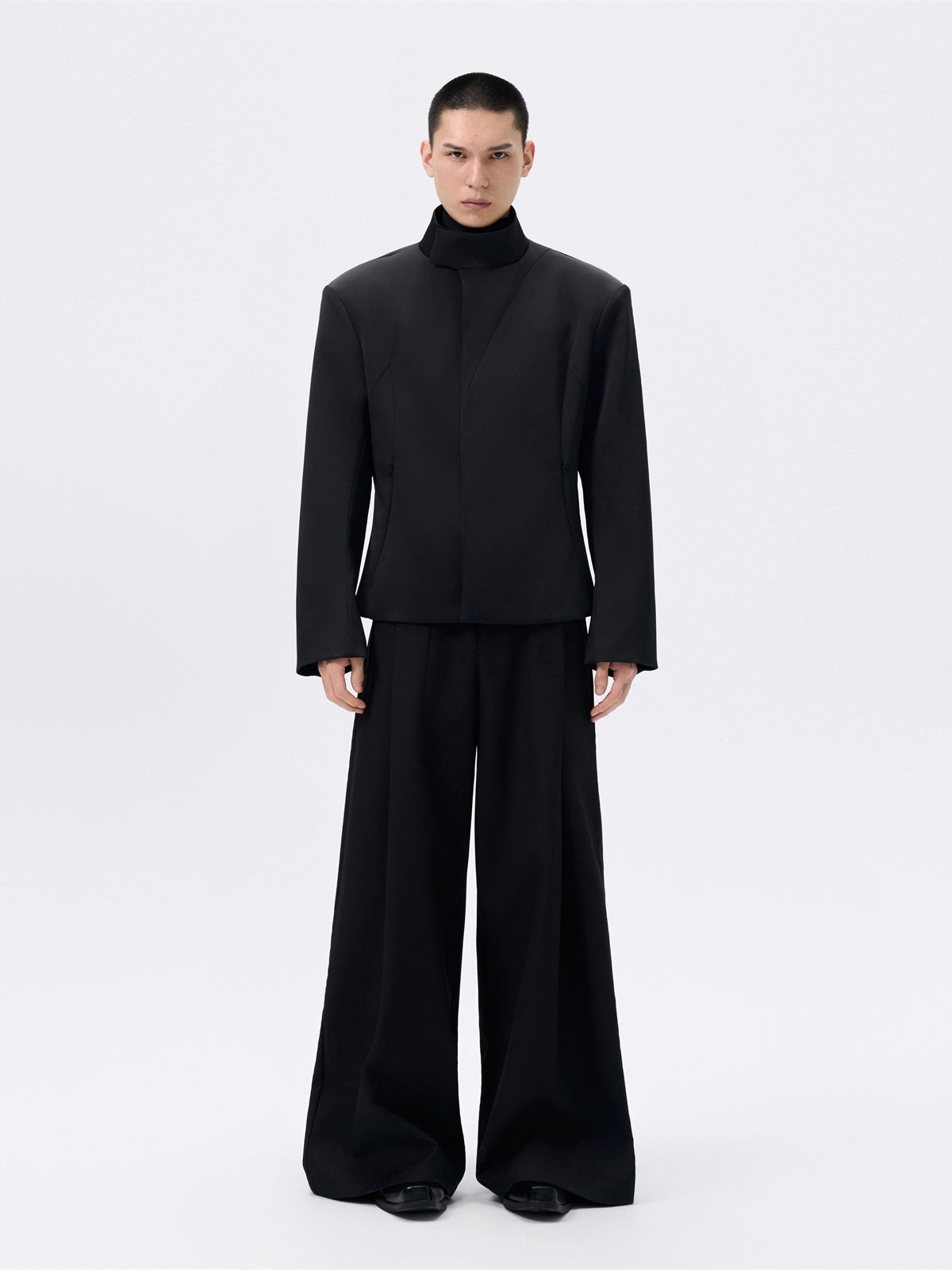 FRKM SCD Cinched Waist Stand Collar Wide Shoulder Black Jacket - GREG.