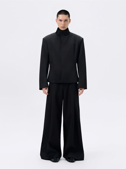 FRKM SCD Cinched Waist Stand Collar Wide Shoulder Black Jacket - GREG.