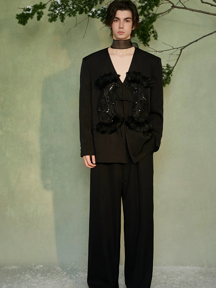 JIECHI  appliqué loose collarless buckle coat - GAVIN.