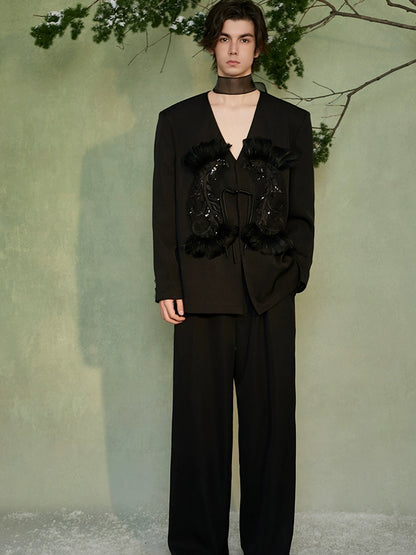 JIECHI  appliqué loose collarless buckle coat - GAVIN.