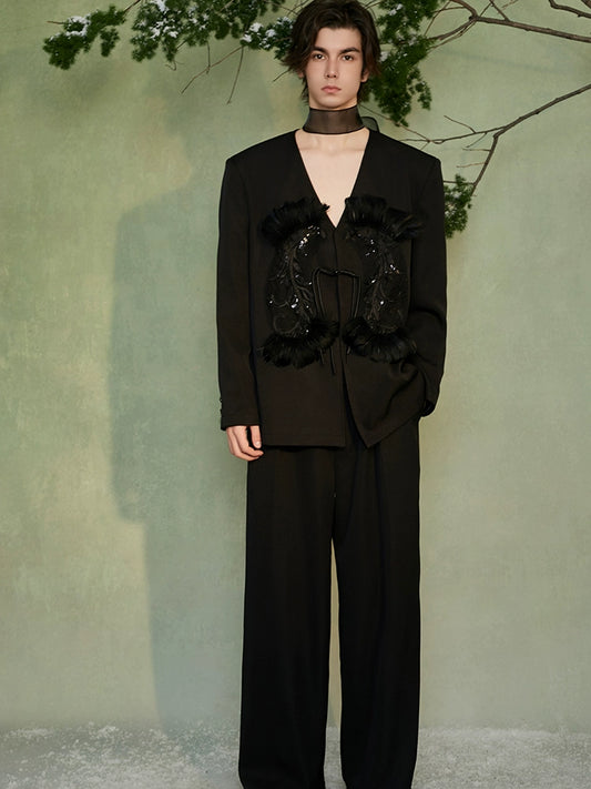 JIECHI  appliqué loose collarless buckle coat - GAVIN.