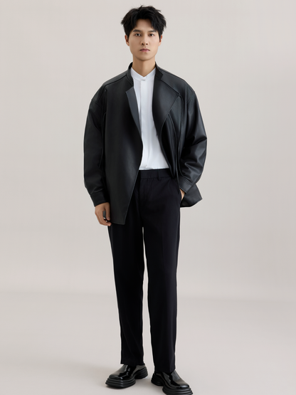 OWNLIFE Stand Collar Sling Loose Jacket Sheepskin Leather - PAT