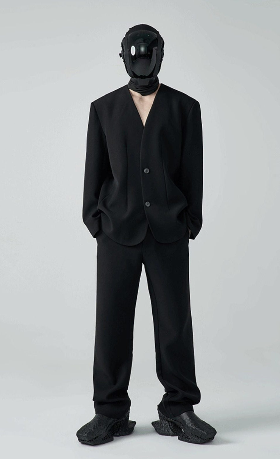FRKM SC SS Casual Padded Shoulders Collarless Loose Double Button Suit - UNIQUE.