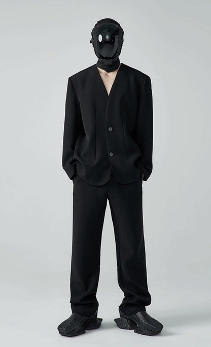 FRKM SC SS Casual Padded Shoulders Collarless Loose Double Button Suit - UNIQUE.