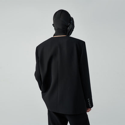 FRKM SC SS Casual Padded Shoulders Collarless Loose Double Button Suit - UNIQUE.