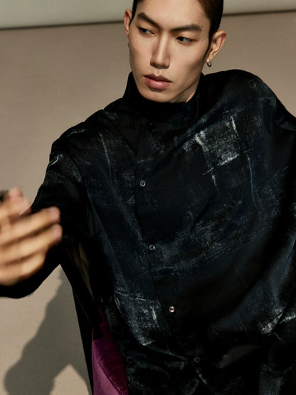 OWNLIFE ink stand-up collar cross-placket natural obsidian shirt - RICHY.