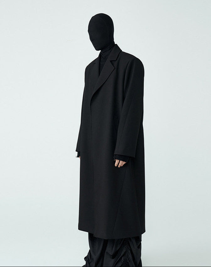 FRKM SCD SS Wool Unbuttoned Loose Shoulder Padded Midi Patchwork Black Coat - LEVI.