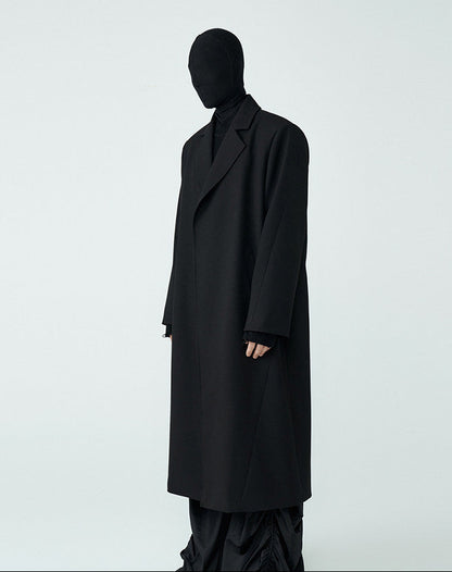 FRKM SCD SS Wool Unbuttoned Loose Shoulder Padded Midi Patchwork Black Coat - LEVI.