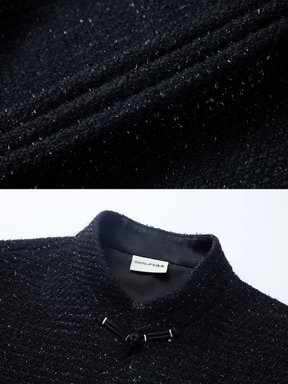 OWNLIFE wool tweed Tang black stand-up collar buckle jacket  - DREW.