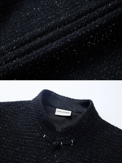 OWNLIFE wool tweed Tang black stand-up collar buckle jacket  - DREW.