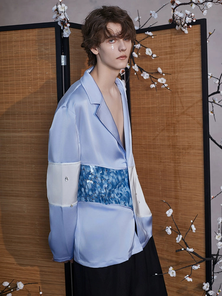 JIECHI  blue stitching satin long-sleeved shirt - JEAN.