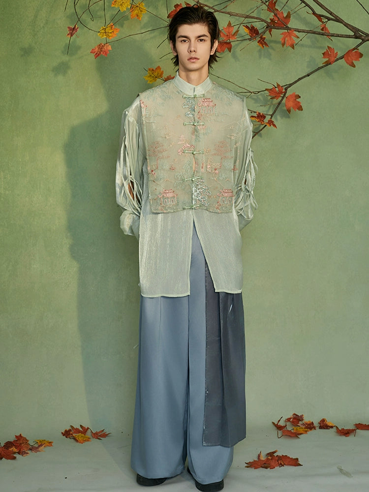 JIECHI  loose emerald green embroidered long-sleeved shirt - UMBER.