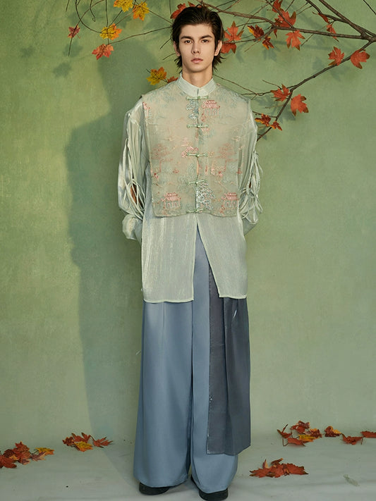 JIECHI  loose emerald green embroidered long-sleeved shirt - UMBER.