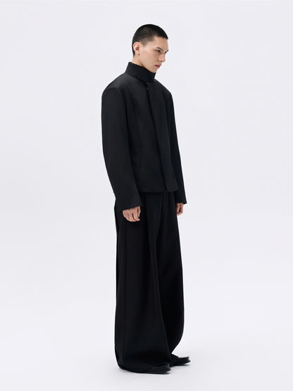 FRKM SCD Cinched Waist Stand Collar Wide Shoulder Black Jacket - GREG.