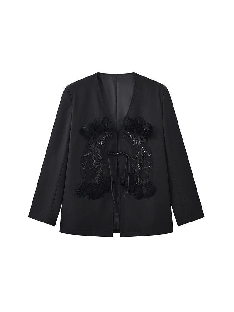 JIECHI  appliqué loose collarless buckle coat - GAVIN.
