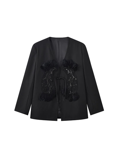 JIECHI  appliqué loose collarless buckle coat - GAVIN.