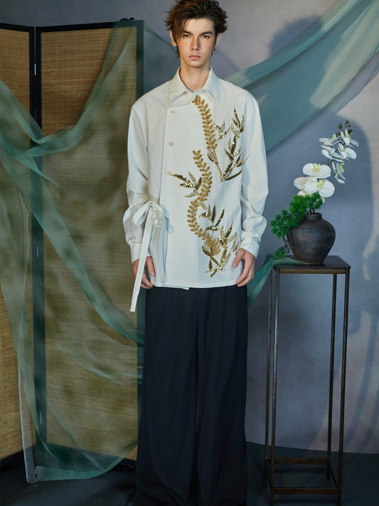 JIECHI white irregular loose long-sleeved embroidered shirt- DAMIEN.