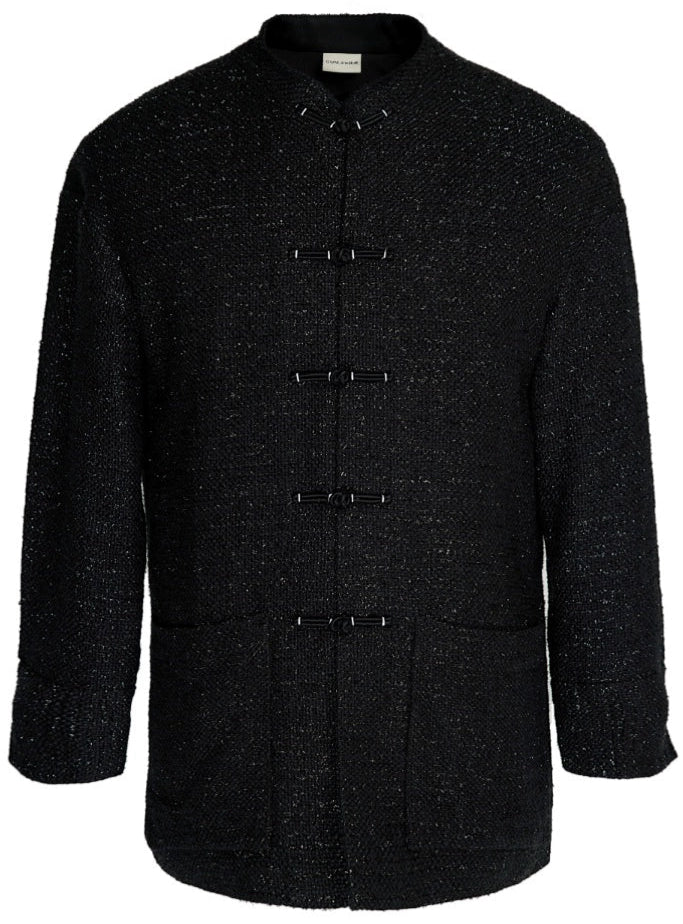 OWNLIFE wool tweed Tang black stand-up collar buckle jacket  - DREW.
