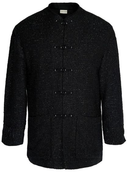 OWNLIFE wool tweed Tang black stand-up collar buckle jacket  - DREW.
