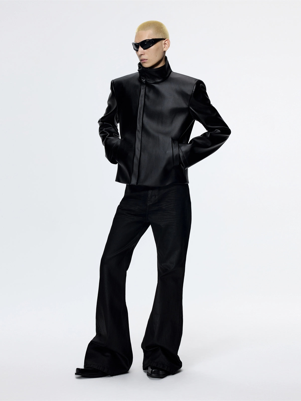 FRKM SCD Stiff Stand Up Collar Cropped Motorcycle Leather Jacket - REGAN.