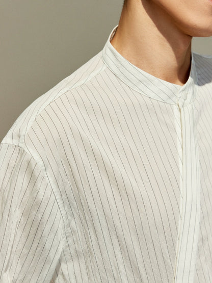 OWNLIFE Tencel striped shirt stand-up collar placket slightly dropped shoulders men's cool summer style - TREY