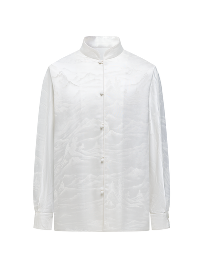 OWNLIFE jacquard stand-up collar placket natural jade buckle shirt - DAVID.