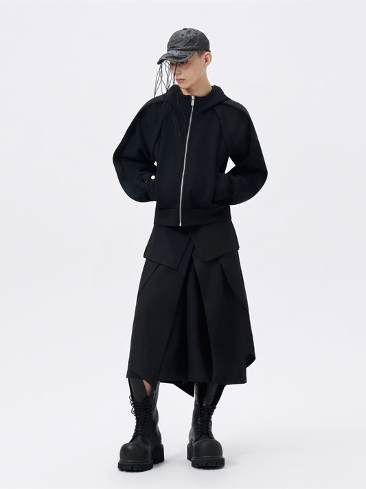 FRKM SCD Deconstructed Zippered Cropped Black Loose Hoodie - KAISEN.